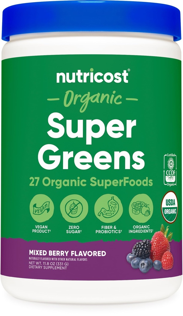 Nutricost Organic Super Greens Powder (30 tarjoilua) Mixed Berry Flavor - Superfood Superfood Supplement Drink Mix