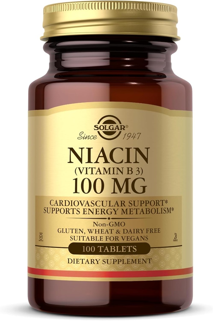 Solgar Niacin (Vitamin B3) 100 mg - 100 tablettia - Tukee energian aineenvaihduntaa - ei-GMO, Vegaani, Gluteeniton, Meijeritön, Kosher - 100 tarjoilua