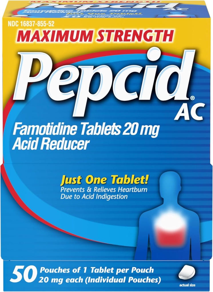 Pepcid AC Maximum Strengthens Heathburn Relieft Tabletit, OTC-lääketiede Estää ja lievittää närästystä ja happojen refluksi johtuu hapon ruoansulatushäiriöstä, 20 mg fomotidiinihapon reduktori, nopea vaikutus, 1 x 50 t