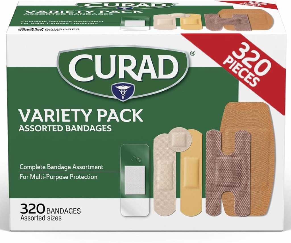 CURAD Assorted Bandages Bulk Variety Pack 320 Count 5 Styles including vedenpitävä, sheer, muovi, raskas velvollisuus & Flex-Fabric Ensiapu Kit Essentials Suojaa Scrapes, Leikkaukset & Palaa