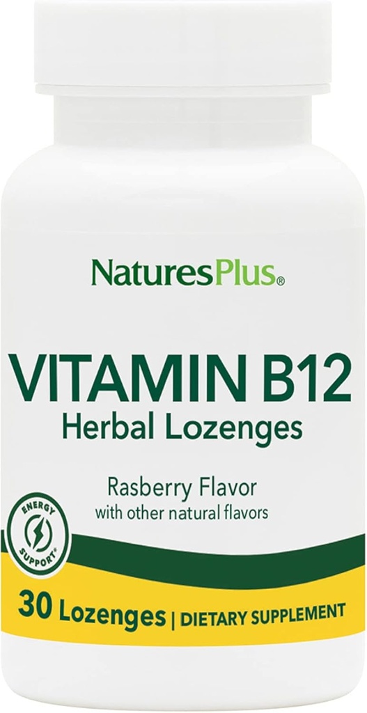 Natures Plus B12 Herbal Lozenges (Metyylicobalamiini) - 1000 mikrog, 30 Sublingual Lozenges - Vadelma - Maksimi Imeytyminen Punainen Verisolu tuki - Energia Booster - Kasvisruokaa, Gluteeniton - 30 tarjoilu