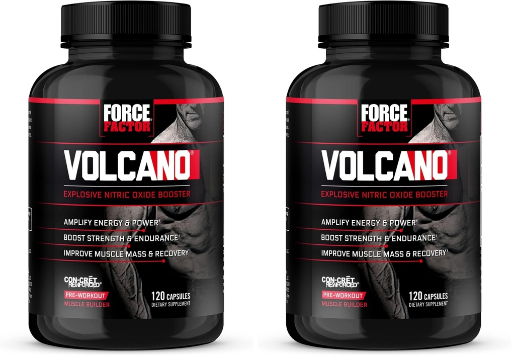 Force Factor Volcano Pre Workout Nitric Oxide Booster Supplement för män med kreatin och L-citralin för att öka och energi, hjälpa till att bygga muskler, bättre pump och träning, 120 kapslar (Pack of 2)