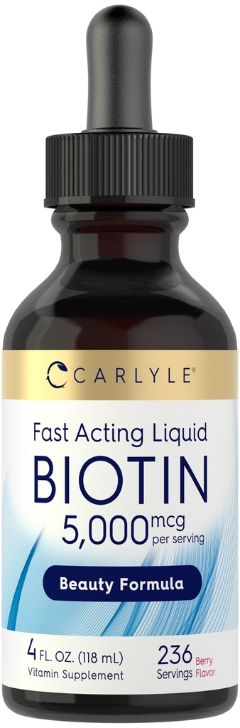 Carlyle Biotin 5000mcg flytande droppar | 4 fl oz | för kvinnor och män | Berry smak | skönhet Formel | Vegetarisk, icke-GMO & Gluten fri tillägg