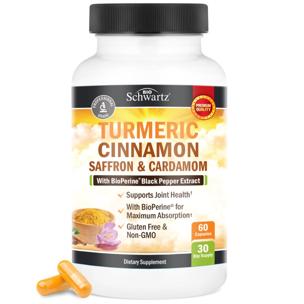 Gurkmeja Supplement med Saffron, Cinnamon och Cardamom Plus BioPerine Black Pepper Extract för Optimal Absorption, Natural Tumeric Curcumin Joint Support Supplement för kvinnor och män, 60 kapslar