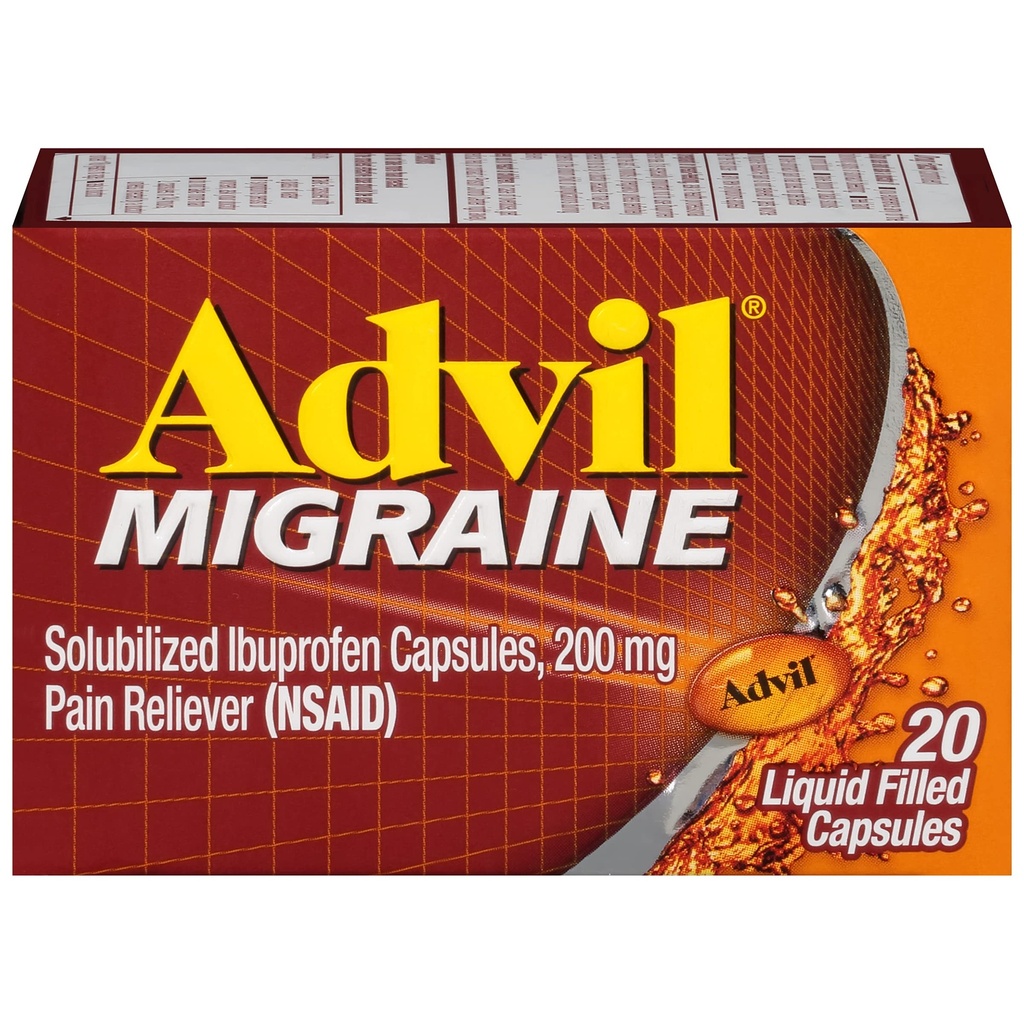 Advil Migreeni Päänsärky Relief, Ibuprofeeni Kapselit Ibuprofeeni 200 mg Migreeni Relief, Pahoinvointi Relief ja kevyt Herkkyys Relief - 20 nestemäistä täytettyä kapselia