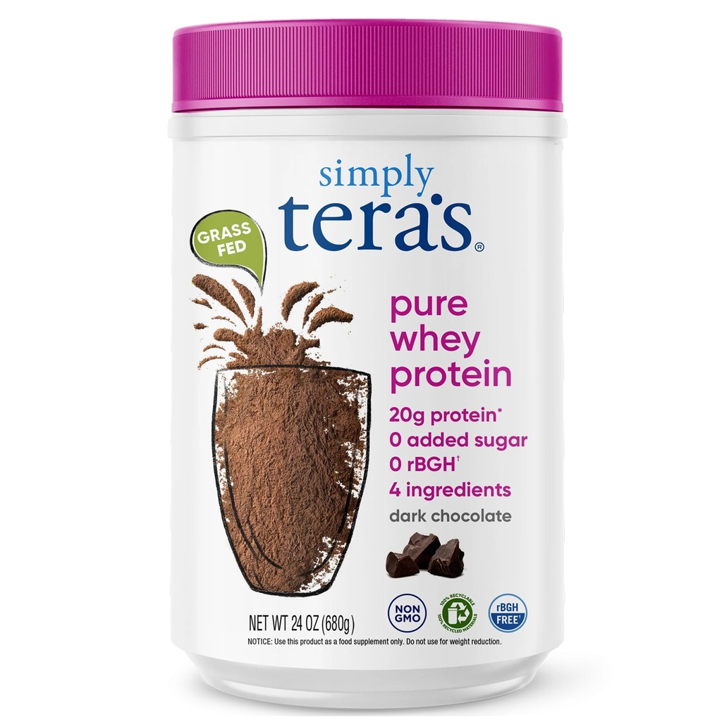 yksinkertaisesti tera's Pure Whey Protein Powder - Tumma suklaa Clean Protein Powder, Grass Fed Whey Protein Powder ilman keinotekoisia makeutusaineita, puhdas etiketti, ei-GMO, Kosher, rBGH-vapaa - 24 Oz
