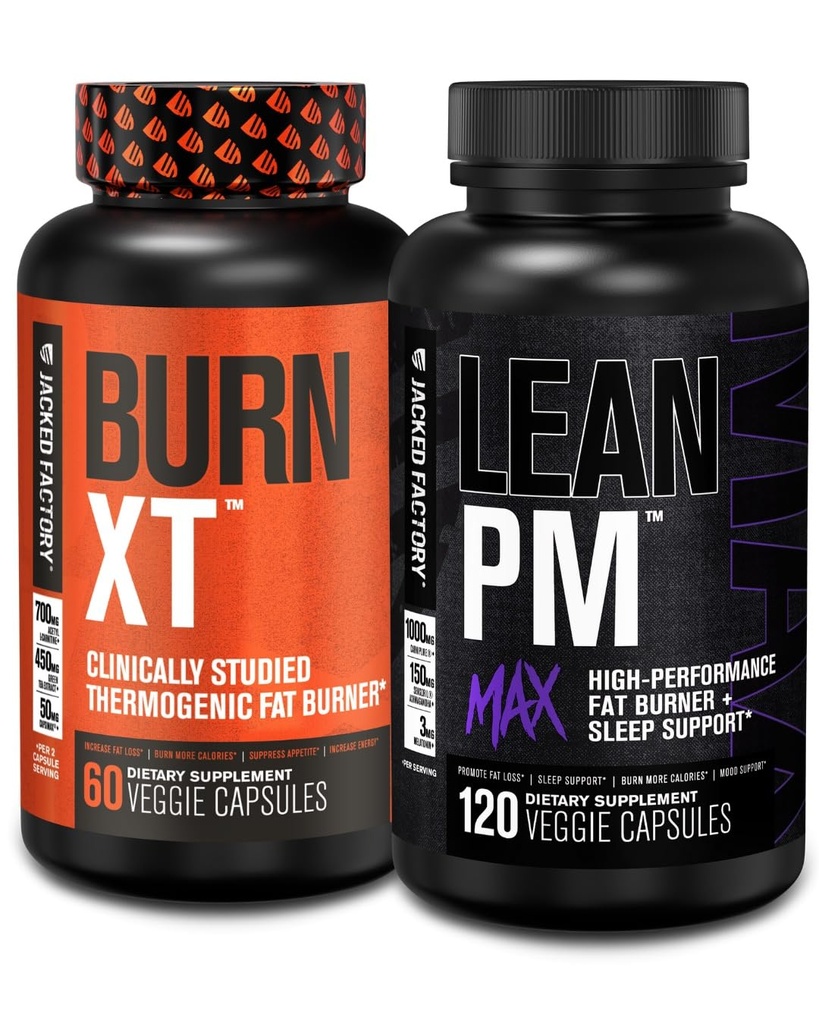 Jacked Factory Burn-XT Kliinisesti tutkittu termogeeninen laihtuminen (60 kapselia) - Lean PM MAX uniapu (120 kapselia) ruokahalun suppressioon (180 kapselia)