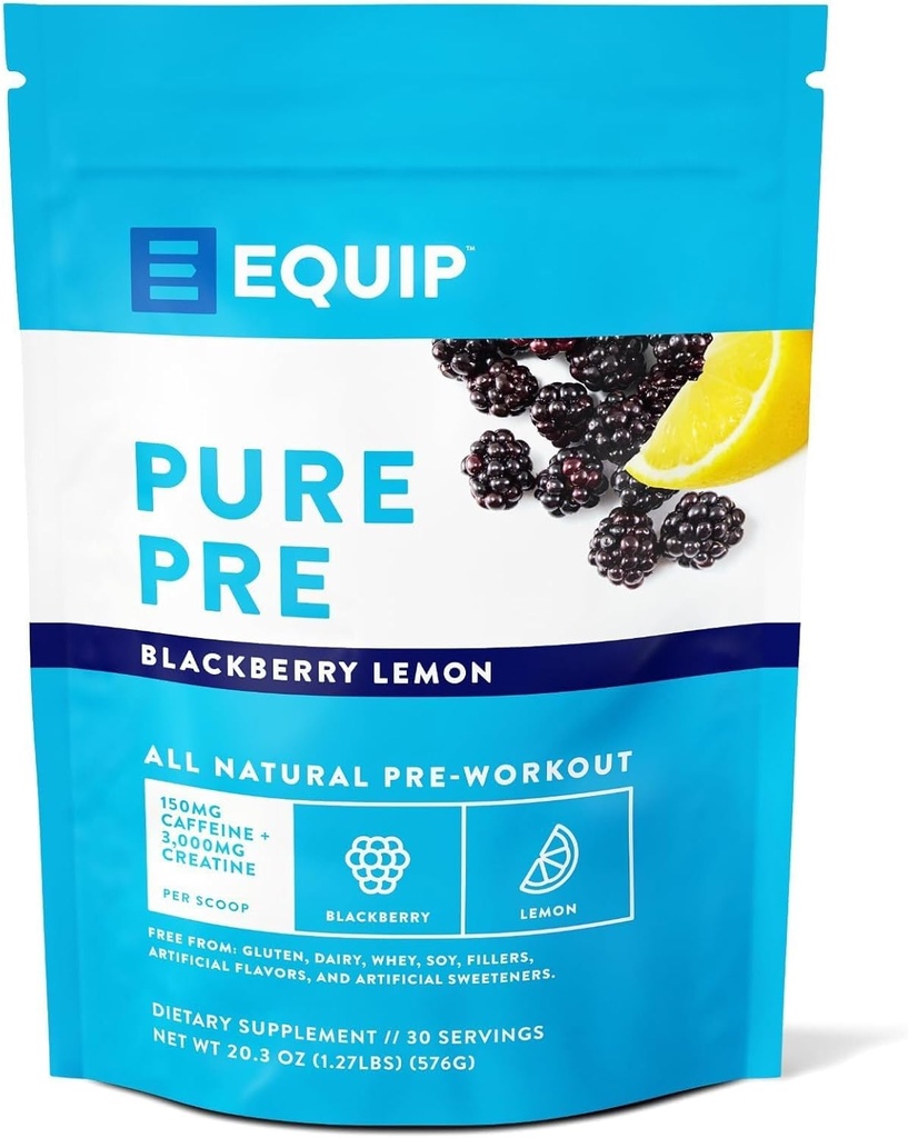 Equip Foods Pure Pre All Natural Pre-Workout Powder | Green Tea Caffeine, Sea Salt, EAA, Vitamin C, B6, B12, L-karnitin, Agnine | Naturligtvis ökar träning | 30 portioner, BlackBerry Lemon Caffeinated