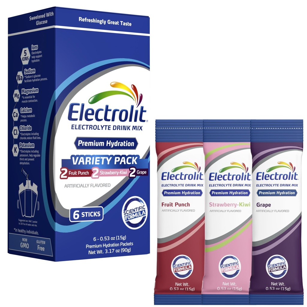 Electrolit Elektrolyytit Powder Packetit, Variety 8 Pack, Powdered Hydration Packets for Dehydration & Rehydration, Post Harjoitukset Maustettu Hydrating Drink Mix, Gluteeniton vedenparannusaine tarrat