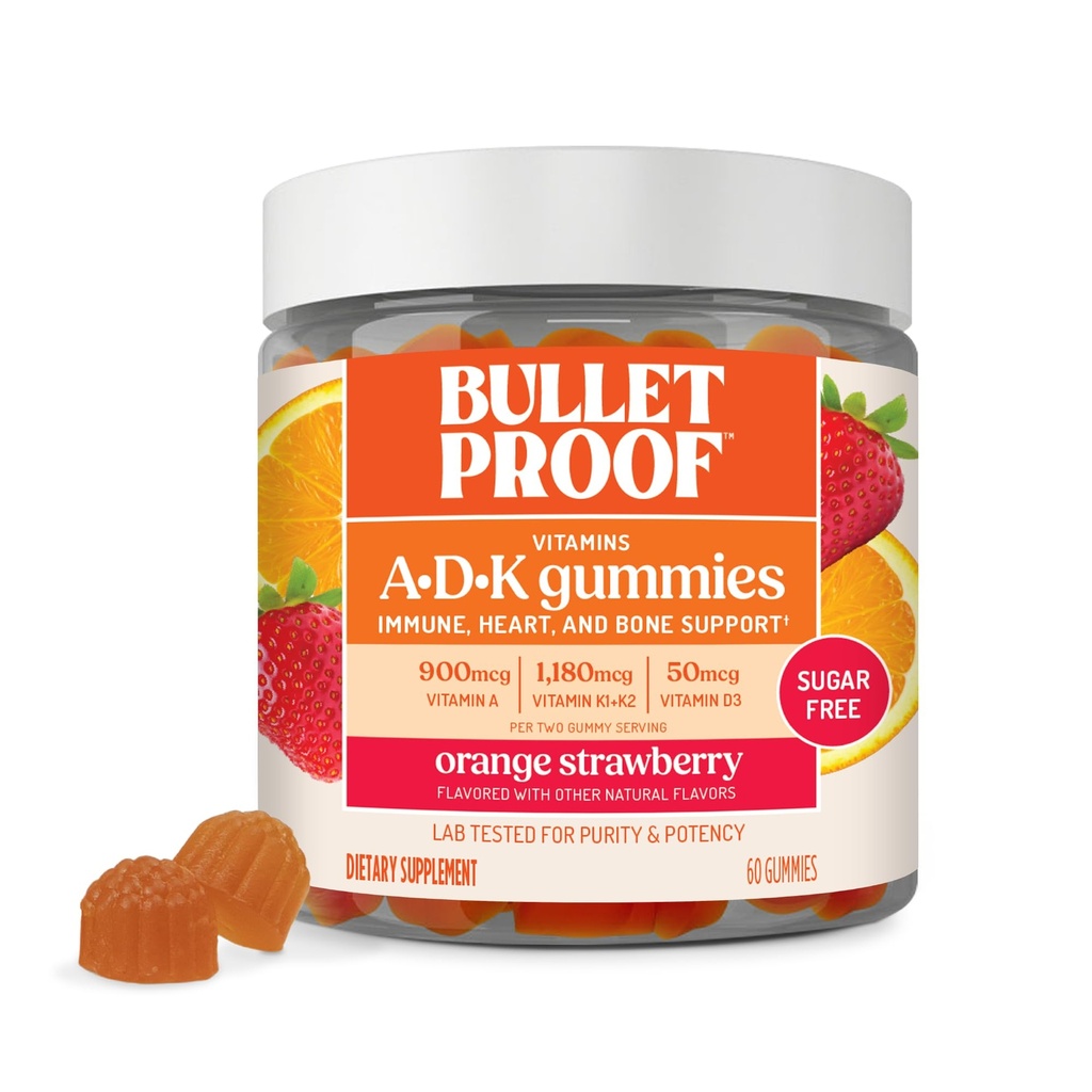 Luodinkestävä sokeriton oranssi mansikka vitamiinit A+D+K Gummies, 60 Count, Keto täydentää sydämen, luun ja immuuni tuki, Uusi ja parannettu Formula ja tekstuuri, Pakkaus Toukokuu Vary