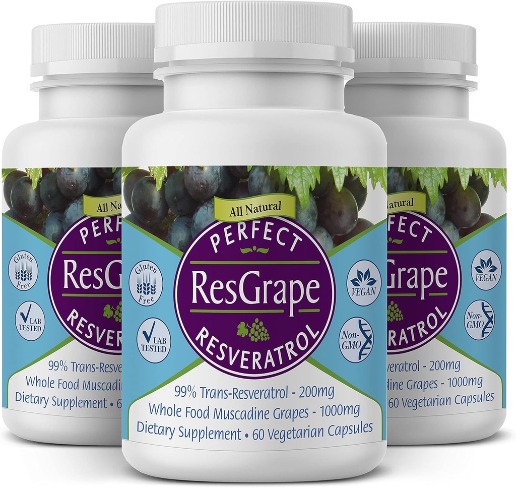 Täydelliset lisäravinteet ... Täydellinen ResGrape Resveratrol 60 kapselia Trans- Resveratrol & Organic Muscadine Rypäleet - 3 pakkaus