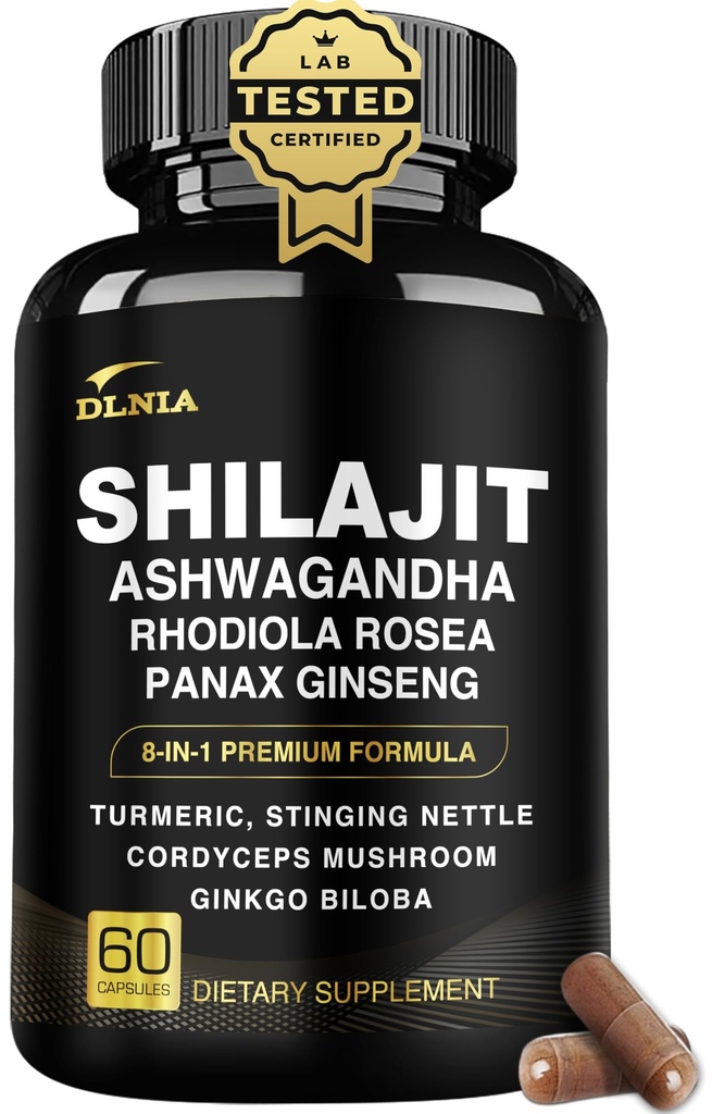 8-in-1 Shilajit miehille ja naisille Ashwaganda Himalayan Organic Supplement Rhodiola Rosea, Ginseng, Turmeric, Mushroom, Immuuneja tukea, energia, rauhallinen, keskittyä, Clarity, nukkua, Cortisol