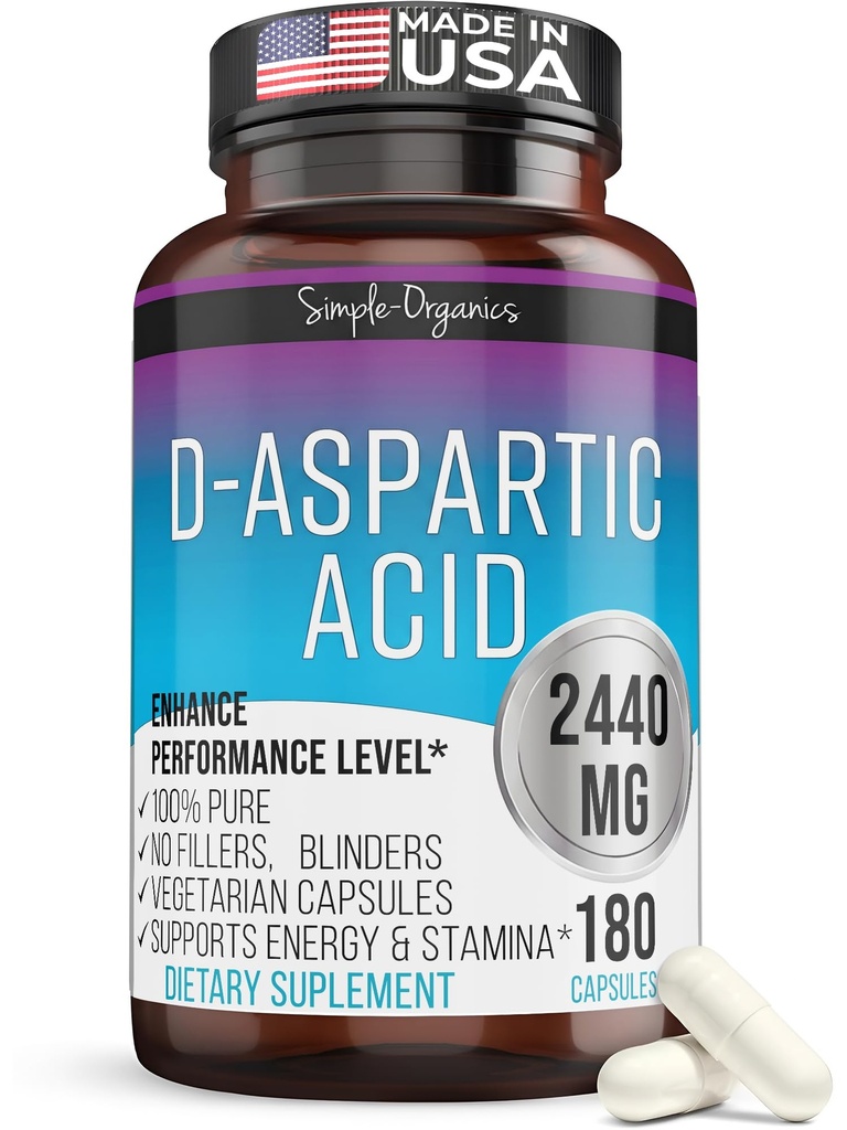 Kaibro Nutra D-asparagiinihappolisä miehille, 2440 mg D-asparagiinihappoa/annos, energia- ja testosteronituki, gluteeniton non-GMO, 180 vegan-kapselia