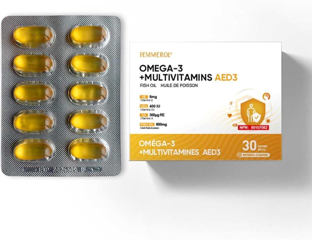 Monivitamiinit Omega-3, monivitamiini naisille ja miehille, Enteerinen päällystetty kalaöljy DHA / EPA A-vitamiini, E-vitamiini ja D3-vitamiinin immuunitoimintojen tuki (1 Box 30 Softgels)