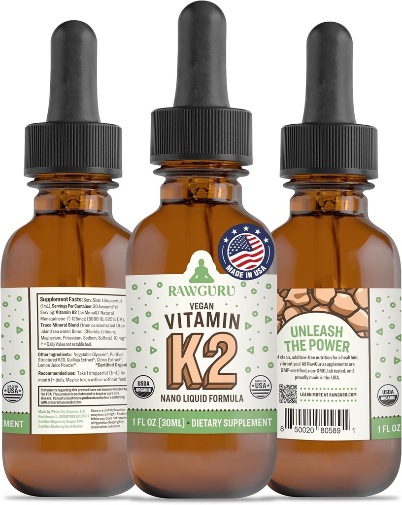 RawGuru-vitamiini K2 täydennysosa - Orgaaninen vegaaninen K2-vitamiini MK7 ja trace Minerals - Nano-Processed Antioxidantti & Immuno Support Supplement Tincture - 30 tarjoilut Vegan Drops per 30 ml, pakkaus 1