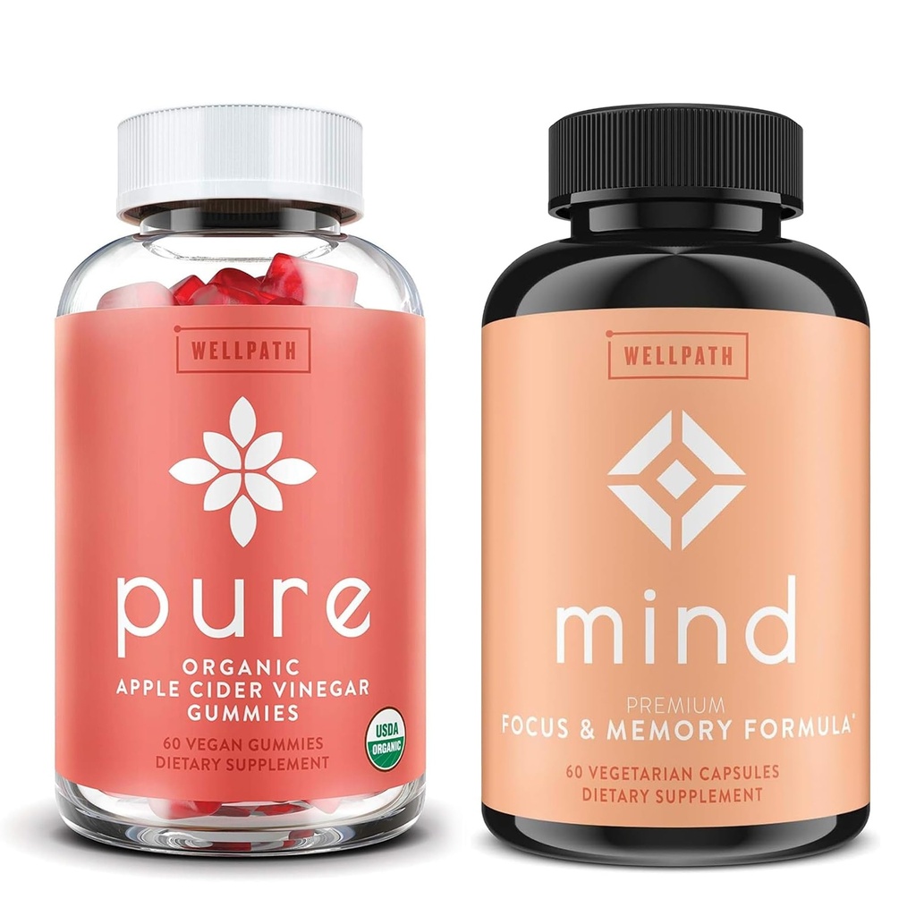 WellPath Pure Apple Siideri Viinietikka Äiti Gummies & Mind Brain täydentää leijonan mane - Tukee Focus & Memory, 60 Ct Jokainen