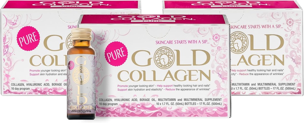 GOLD COLLAGEN Pure - Collagen täydentää naisille ja miehille Biotiini hiusten kasvua, ihon ja kynsien - Anti ryppy immuunijärjestelmän Booster hyaluronihappoa, C-vitamiinia, B6 ja sinkkiä, 3 pakkaus 10x50 ml
