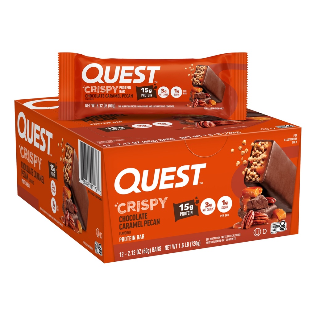 Quest Nutrition Crispy Chocolate Caramel Pecan Hero Protein Bar, 15g proteiinia, 1g sokeria, 3g Net Carb, gluteeniton proteiinivälipala, Keto Friendly, 12