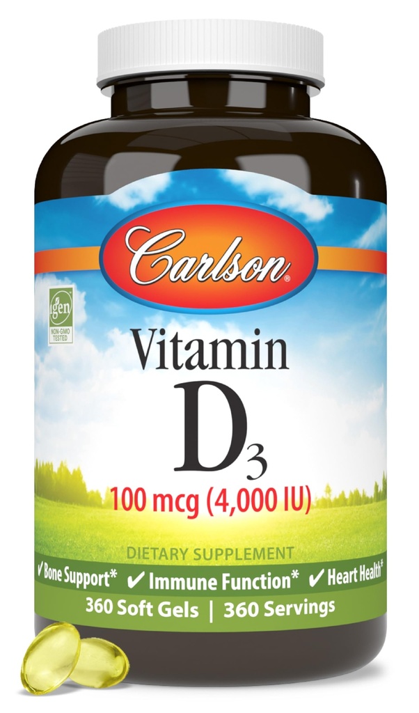 Carlson - Vitamin D3, 4000 IE (100 mcg), Bone & Immune Health, Cholecalciferol Supplement, Gluten Free Vitamin D Capsules, 360 Softgels