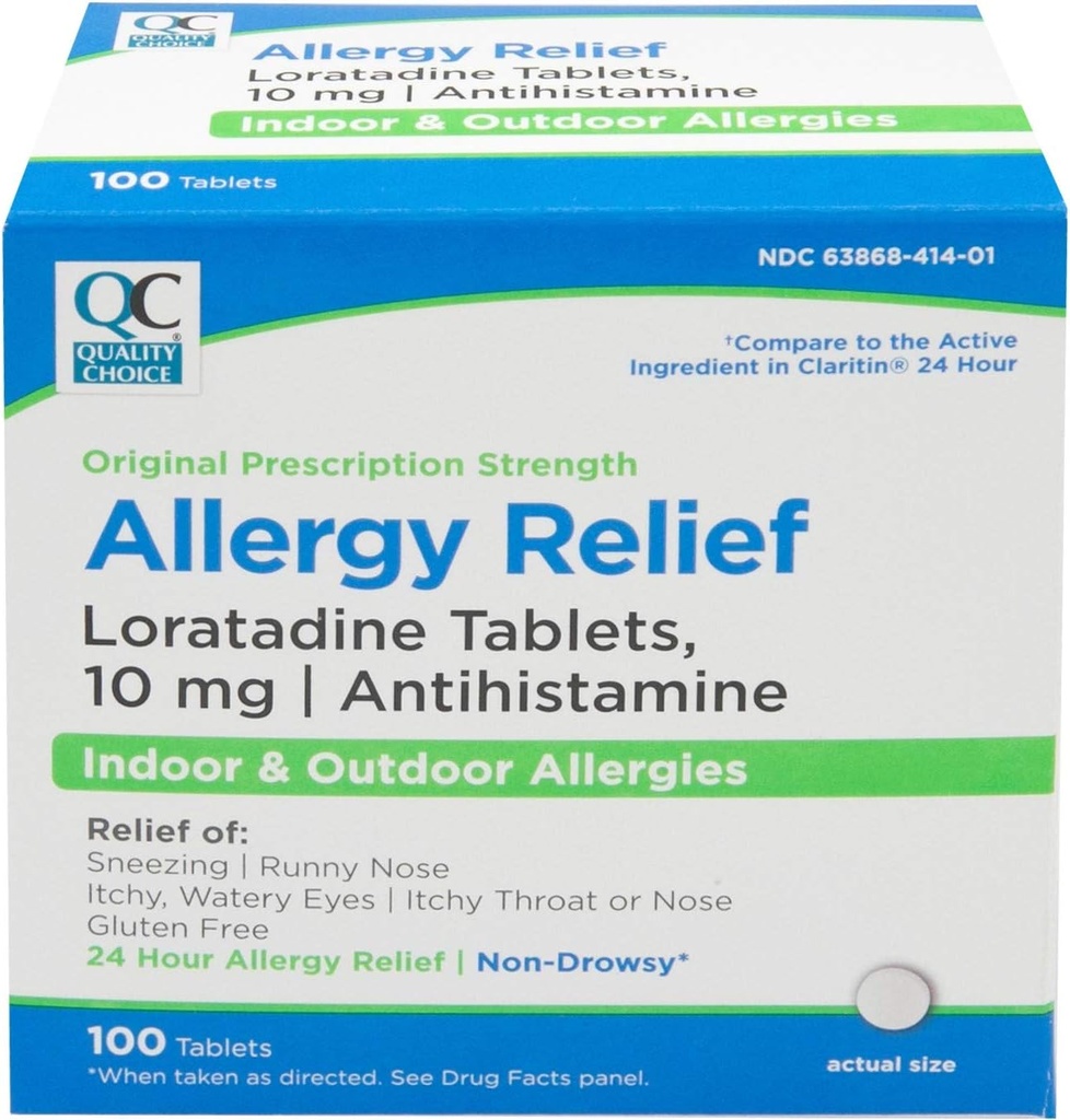 Kvalitetsval 24 timmars allergimedicin, icke-drowsy lättnad för inomhus och utomhusallergier, Loratadine 10mg Antihistamin, för lindring av snö, Runny Nose, Itchy & Watery Eyes, 100 greve