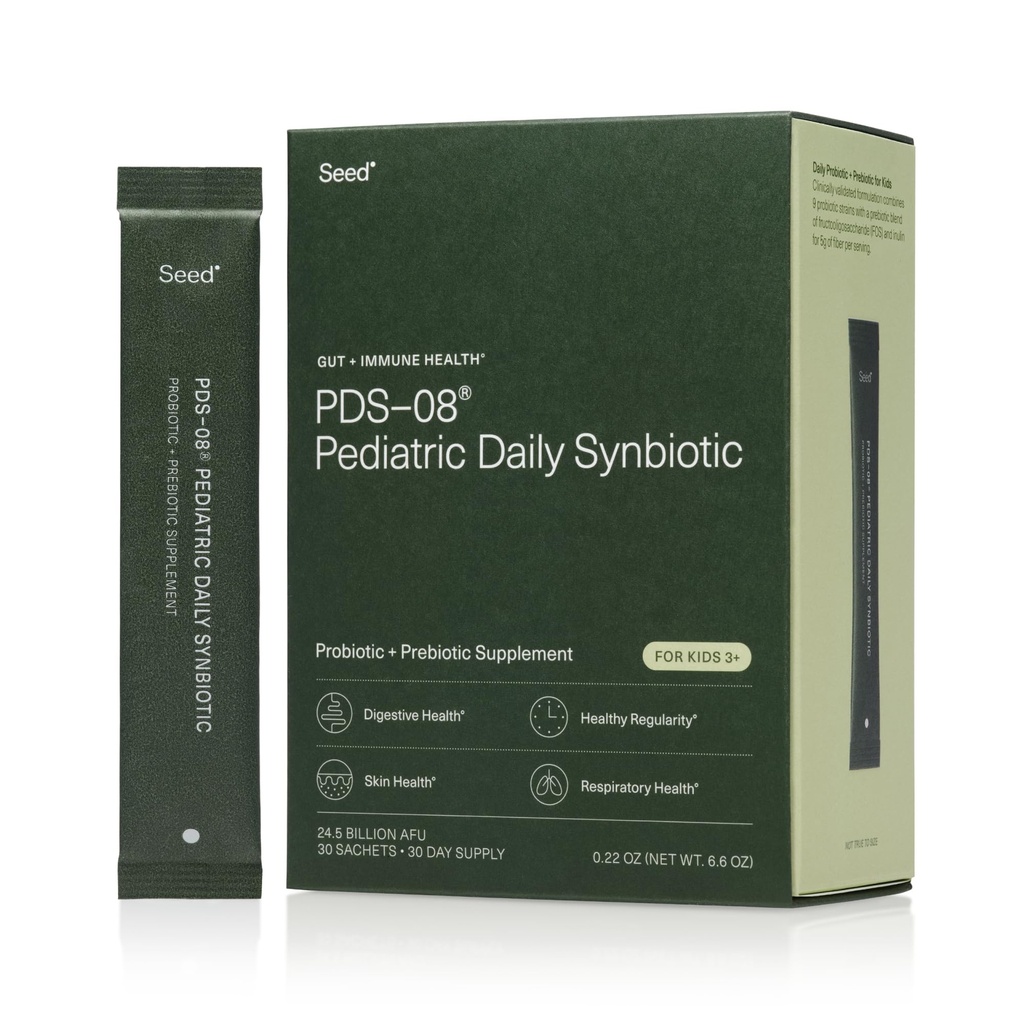 Seed PDS-08 Pediatric Daily Synbiootti - Fiber-Based Prebiootti & Probiootti lapsille - Ruoansulatus, säännöllisyys, Ummetus Relief - ikä 3-17 - Vegaani ja hylly- vakaa - 30 Sachets (30-päivä)
