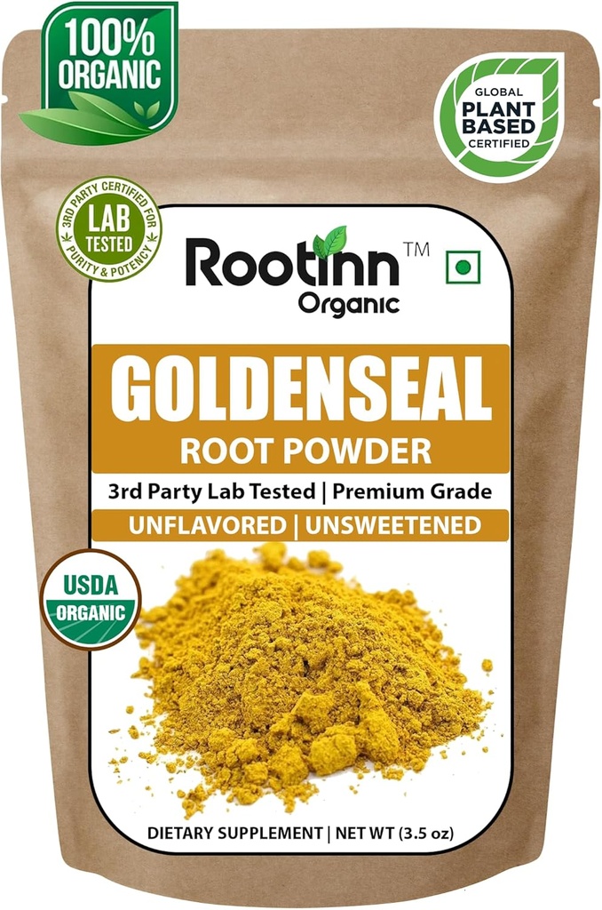 Goldenseal Powder - 3,5 oz, 100 tarjoilua *Lab testattu / USDA Luomu * Pure Natural Goldenseal juurijauhe täydennysosa