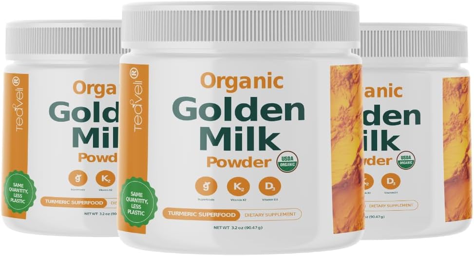 Organic Golden Milk Powder with Vitamiineja D3 & K2, Turmeric, Inkivääri, Curcumin, Kaneli, KSM66 Ashwagandha, Holy Basil & Natural Prebiootit.