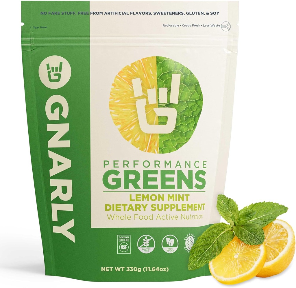 Gnarly Nutrition Greens Superfood Powder - Lemon Mint Performance Super Greens Powder - NSF Contents Certified - Organic, Probiotics & Essential Micronutrients - Lemon Mint, 11,64 oz