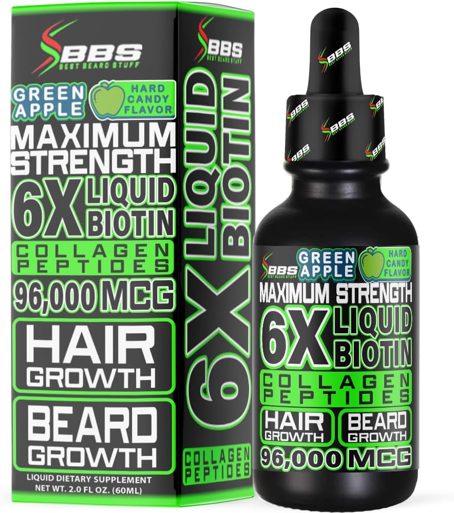 Liquid Biotin Collagen Peptides for Parta kasvu ja paksuus - miesten parta ja hiusten kasvu täydentää - Biotin Liquid Drops 96 000 mcg 6X Lisää imeytymistä