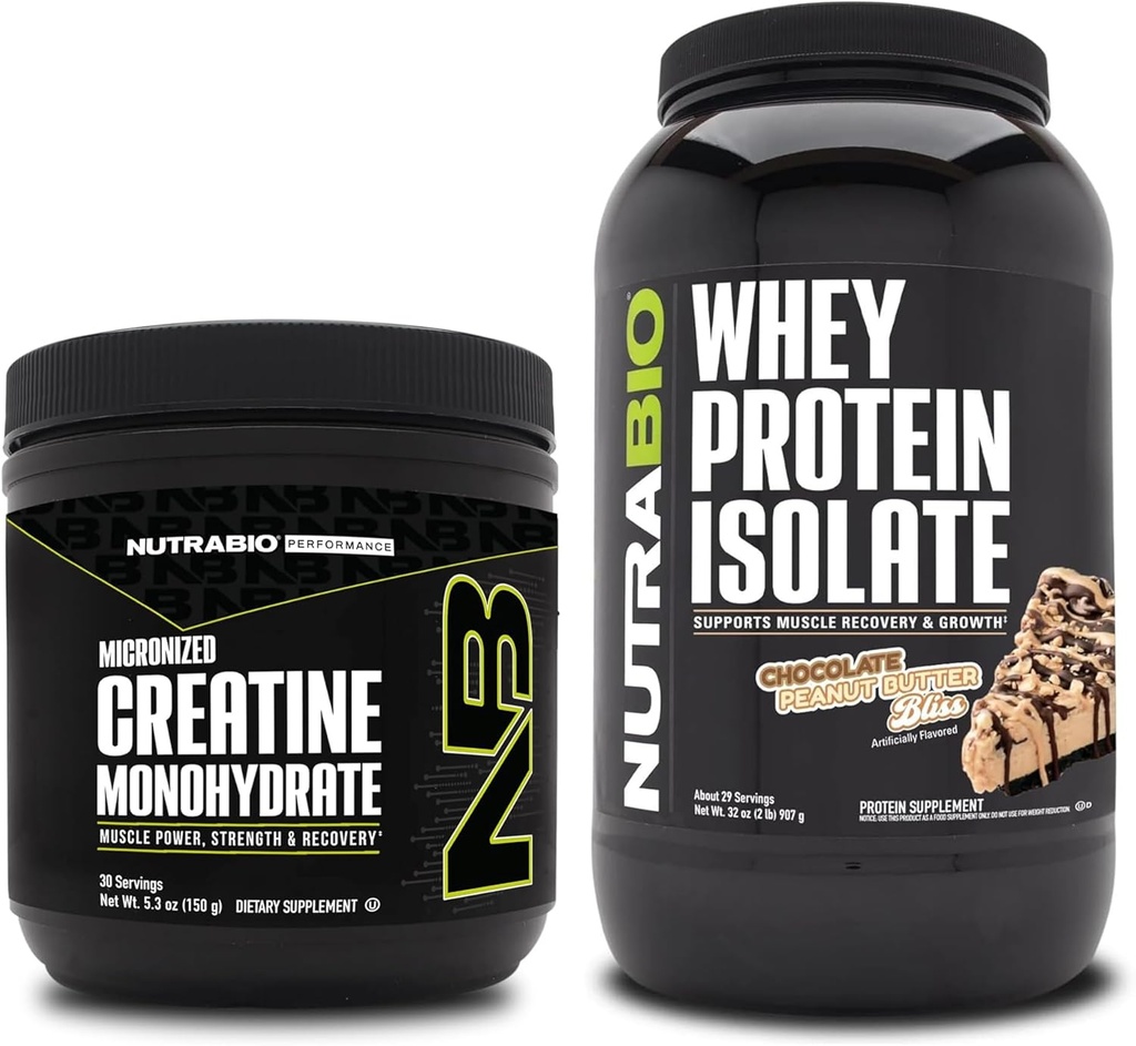 NutraBio Creatine Monohydrate, Unflavored, 150g och Whey Protein Isolate, Chocolate Peanut Butter, Supplement Bundle - Muscle Energy, Lean Muscle Growth, Recovery och Strength