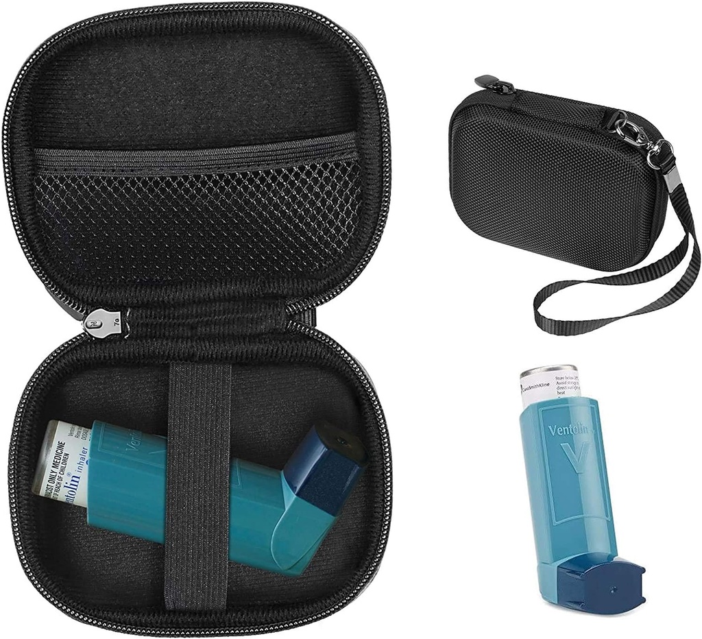 CaseSack Astma Inhalaattori kotelo, kompakti ja tukeva kotelo Handy Inhalaattori aikuisille ja lapsille, jossa on huoneita pillereille ja muille olennaisille (musta)