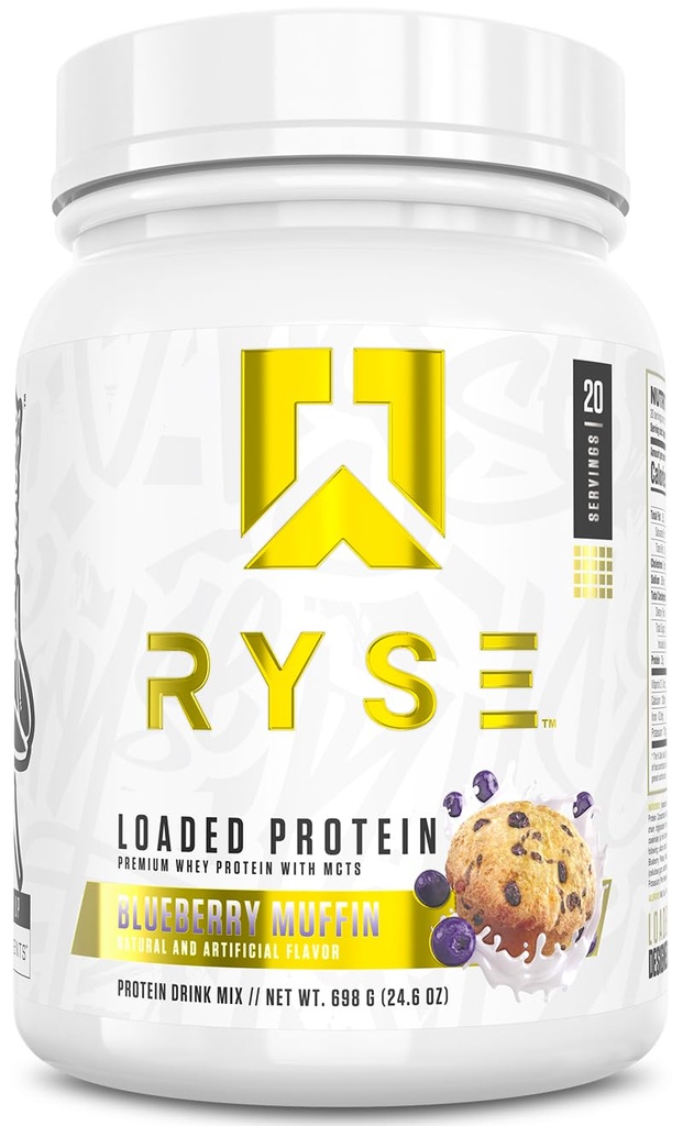 RYSE Loaded Protein Powder - Mustikka Muffini - 25g Whey Protein Isolate & keskittyä prebioottista kuitua & MCTs - Low Carb, Low Sugar, Ruoansulatuskykyinen - 20 tarjoilua / 1,5 lb Tub