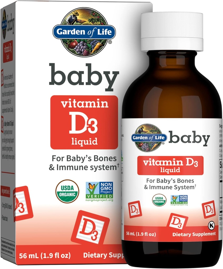 Garden of Life Baby Vitamin D3 Liquid, 600 IE (15 mcg) Organic Liquid Vitamin D för spädbarn och småbarn, Stöd för Babys Bones & Immune System, Gluten Free & Non-GMO, 56 ml (1,9 fl oz) Liquid