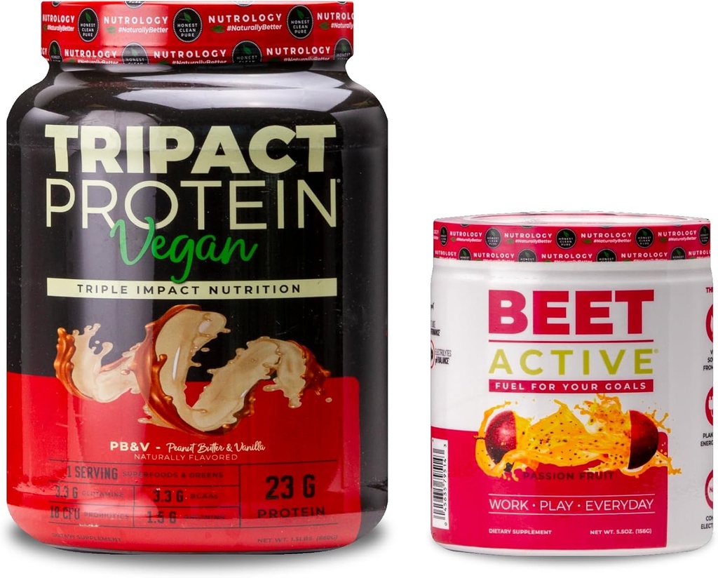 Nutrology TRIPACT Vegan Protein Powder, för Vegan Protein Shakes, Peanut Butter Vanilla (20 Servings) & Beet Active, Natural Pre-Workout Powder, Passion Fruit Flavor (30 Servings)