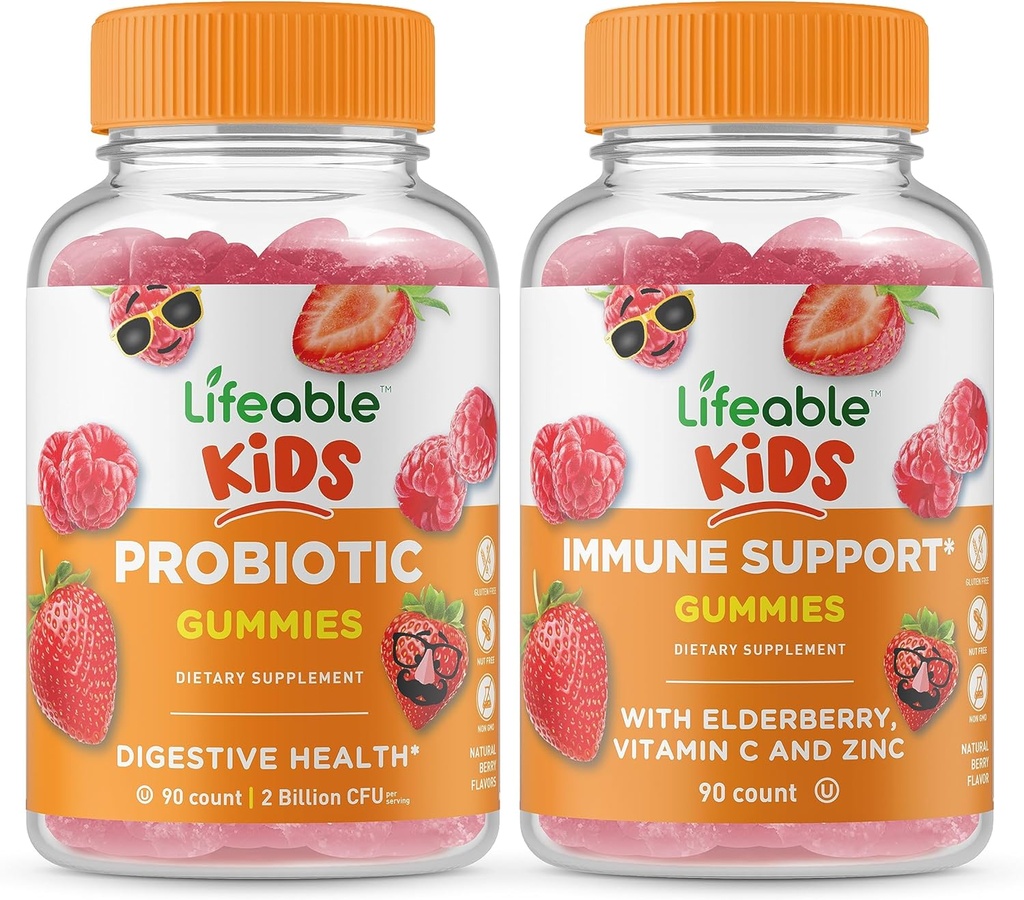 Elinkelpoinen Probiootti 2 Miljardia PMY Lapset + Immuunituki Lapset, Gummies Bundle - Suuri Maku, Vitamiini Supplement, Gluteeniton, GMO-vapaa, purukumi