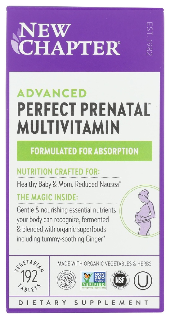 Uusi luku Täydellinen prenataali vitamiineja, Orgaanisia prenataali vitamiineja, ei-muuntogeenisiä ainesosia Terve vauva & äiti - Folaatti (Metyylifolaatti), rauta, D-vitamiini, Fermentoitu koko elintarvikkeiden ja probiootti, 192