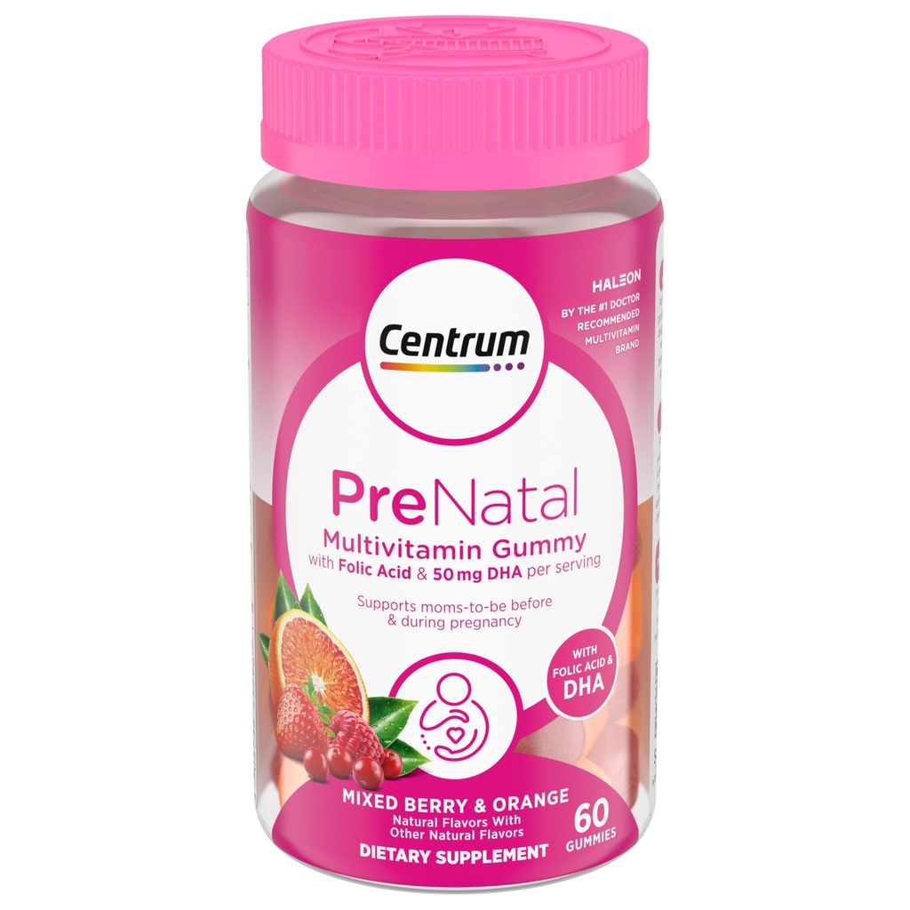 Centrum Prenatal Multivitamiini Gummies DHA ja Folic Acid, Mixed Berry ja Orange makuja - 60 Lukumäärä, 30 päivän tarjonta