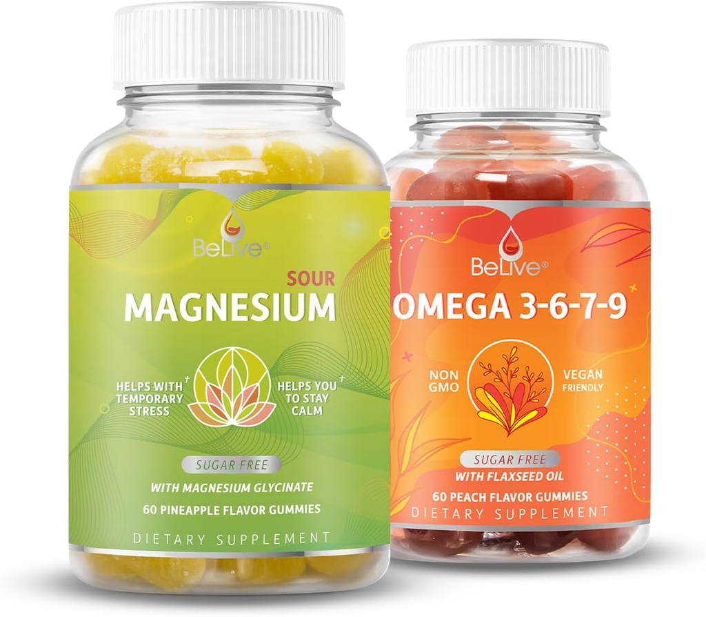 BeLive Magnesium GLysinate & Omega 3-6-7-9 Bundle rentoutumis-, uni-, aivo-, sydän- ja imujärjestelmätukeen