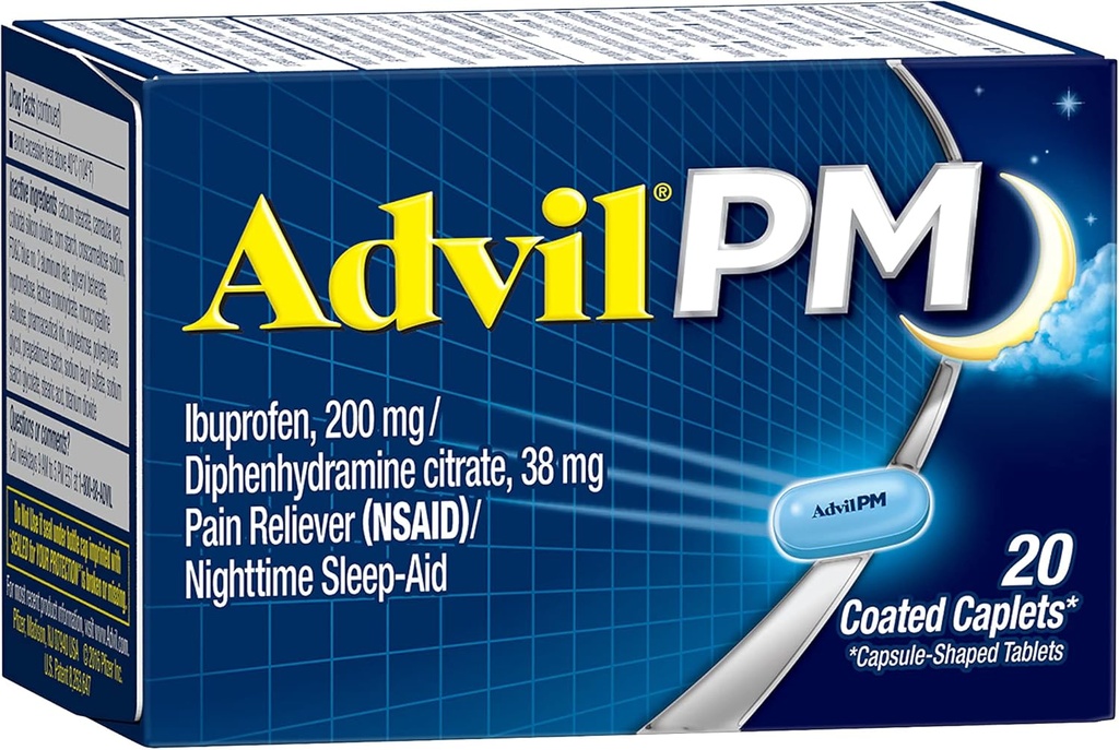 Advil PM (20 greve) Smärta Reliever/Nighttime Sleep Aid Coated Caplet, 200mg Ibuprofen, 38mg Diphenhydramin