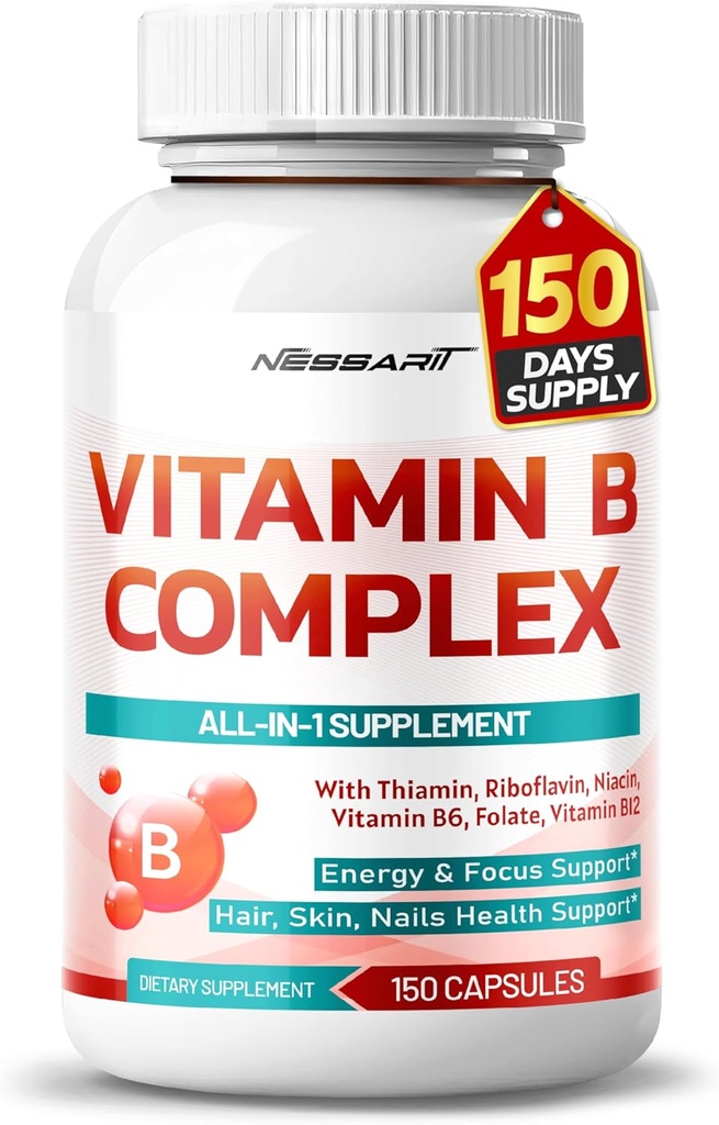 B-vitamiini Complex - Korkea teho tiamiini, Riboflaviini, Niasiini B6, Folaatti, B12-vitamiini -Energia, Focus, Hiukset, iho, kynnet tuki - 150 Count - Made & Tested in USA
