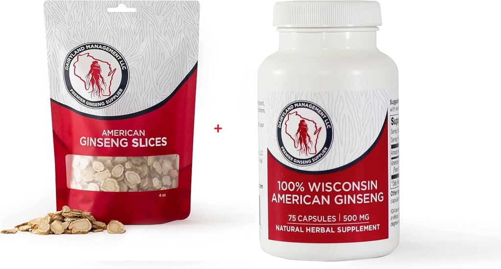 Dairyland American Ginseng Slices 4 oz och Capsules 75 ct Pack av Wisconsin Ginseng - Direkt från Farmer till Consumer