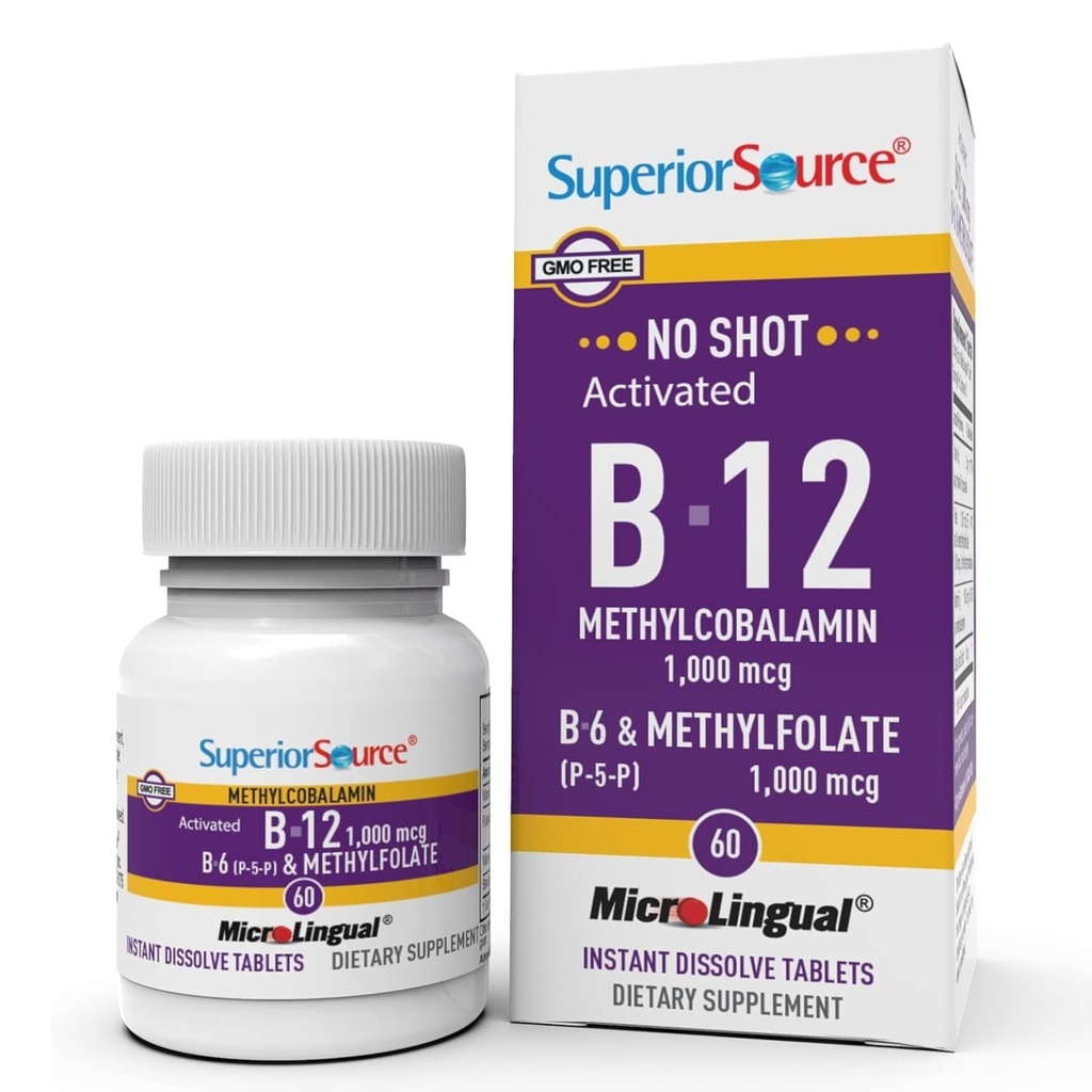 Superior Lähde Ei Shot-vitamiini B-12 Methylcobalamiini 1000 mikrog, B-6, & Methylfolate 1000 mikrog - Tukee energiaa, aivot, ja sydämen terveys - Bariatrinen ystävällinen - 60 Sublingual Disolving Tabletit