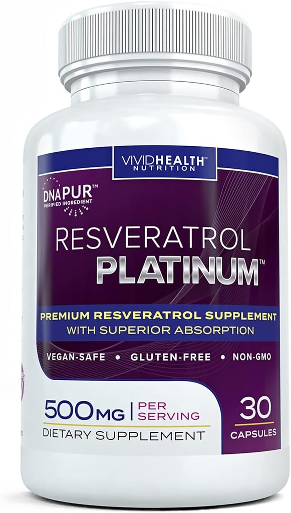 Resveratrol Platinum Antioxidanter Supplement: Kraftfull Anti Aging Formel med ren, naturlig Trans Resveratrol för immunstöd, Vitalitet och hjärnhälsa, 30 Gluten Free Veggie Capsules