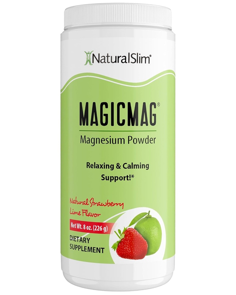 NaturalSlim Magicmag Pure Magnesium Citrate Powder - Stress, förstoppning, muskel, hjärthälsa och sömnstöd | Naturlig jordgubb & Lime smaksatt Magnesium Supplement - 8oz Drink Mix (Solo)