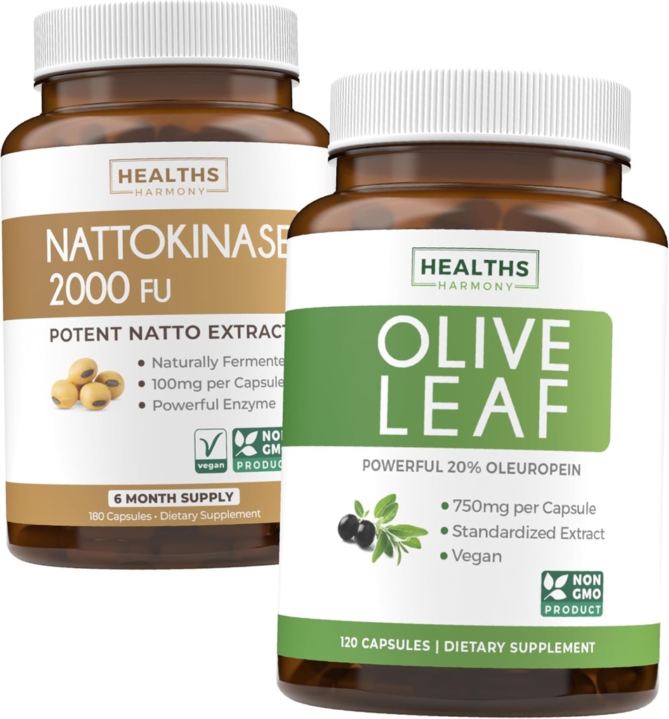Nattokinase & Olive Leaf (6-månaders leverans) Flow & Wellness Mix - Nattokinase 2000 FU Kraftfull naturligt jäst sojabönor (6-månaders leverans) & Olivblad extrakt Super Styrka med 20% Oleuropein