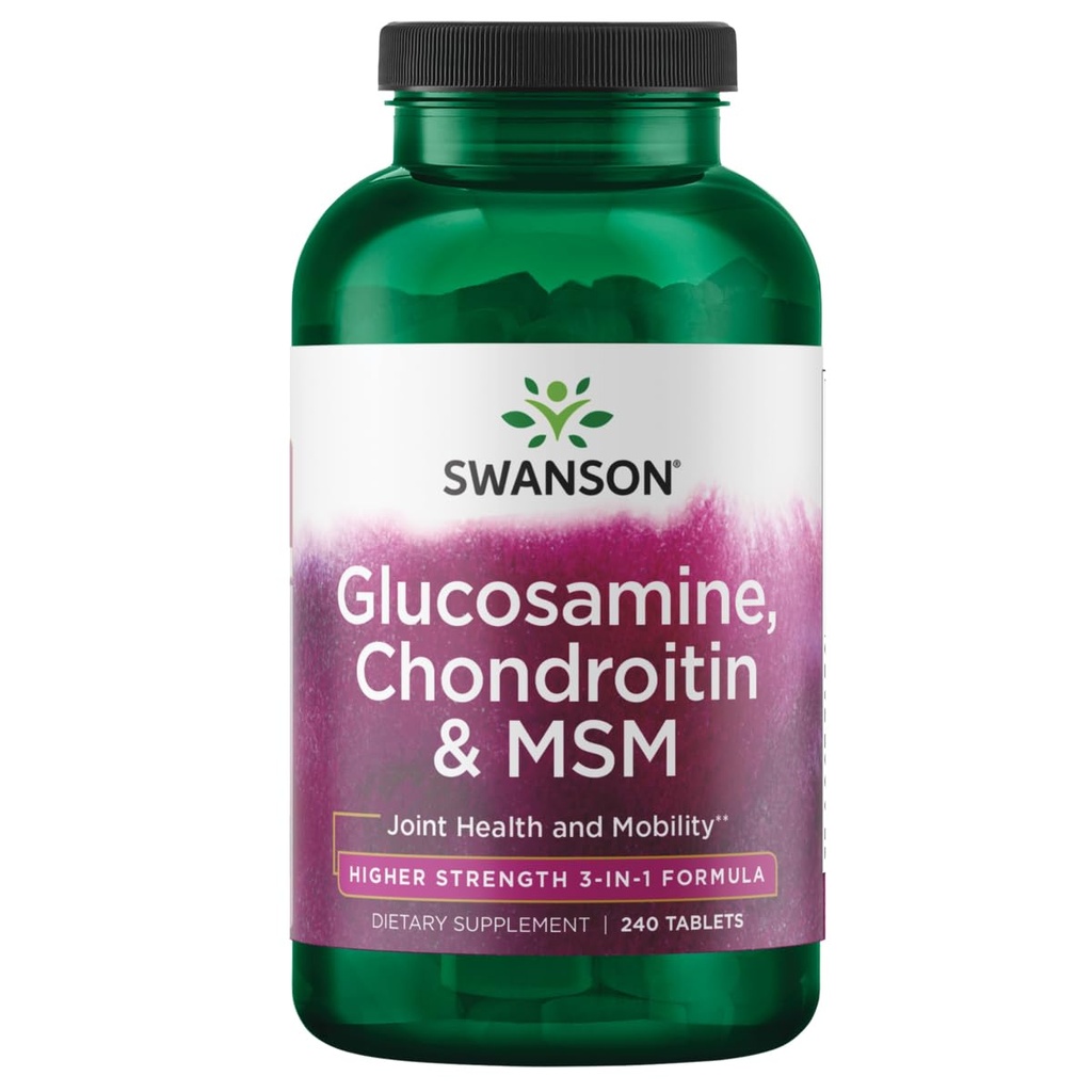 Swanson Glukosamiini Chondroitin MSM (metyylisulfonyylimetaani) 3-in-1 Formula yhteinen liikkuvuus Joustavuus Mukavuus Cartilage Connective Tissue Health Support Ravintolisä 240 tablettia (Tabs)