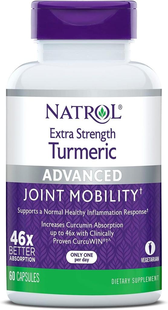 Natrol Extra Strength Turmeric, ruokavalio täydentää yhteistä terveyttä, Turmeerinen täydentää aikuisille, 60 kapselia, jopa 60 päivän tarjonta