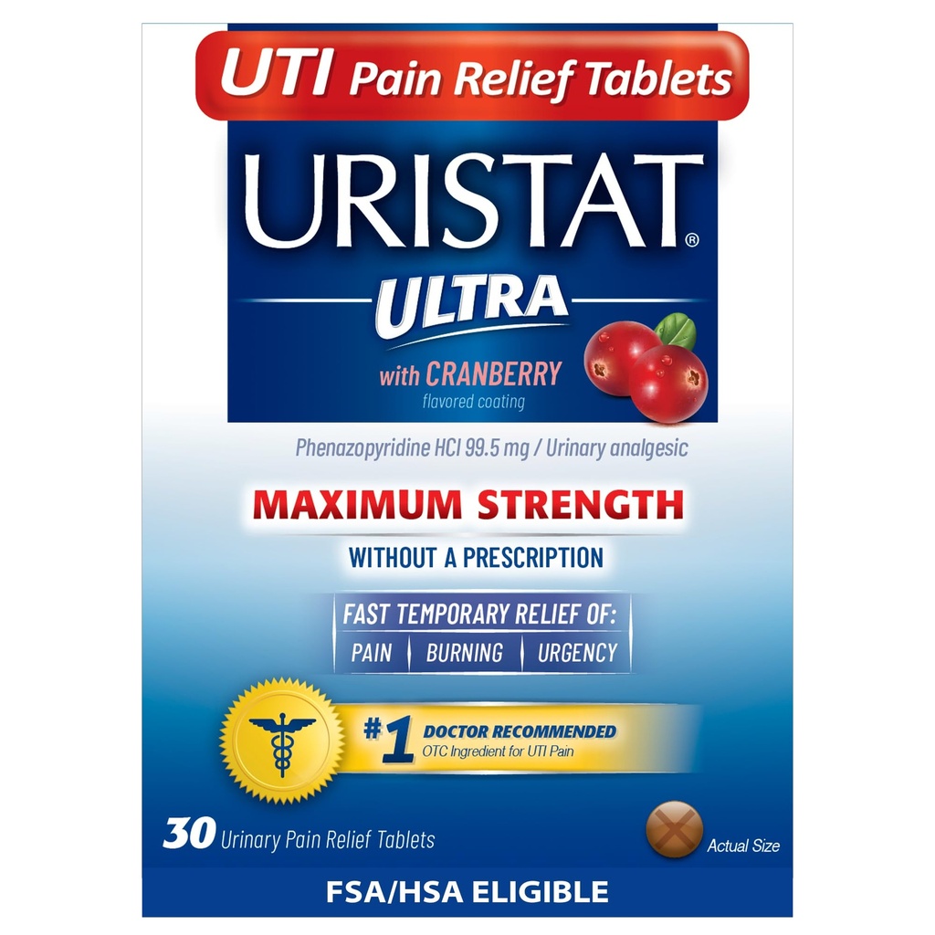 Uristat Ultra UTI Pain Relief -tabletit, nopea virtsatieinfektio Virtsakivun, polttamisen, kivun, urgenssin, enimmäisvahvuuden, karpalon makuaistin, 30 tablettia