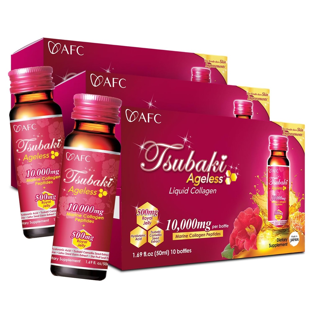 AFC Japani Tsubaki Ikätön Kauneus Kollageeni Juo Japanista 10 000 mg Marine Collagen Peptides + 500 mg Royal Jelly + Hyaluronic Acid + Bs & C-vitamiini ihon elvyttäminen 1.69fl.ozx10sx3