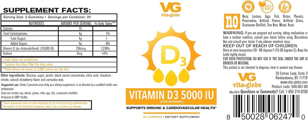 VITA GLOBE D3-vitamiini 10 000 IU 250 mcg sinkillä ja Echinacea Gummy - tukee tervettä immuunijärjestelmää, vahvat luut, hampaat ja lihakset, 120 luku (Pakkaus 2)